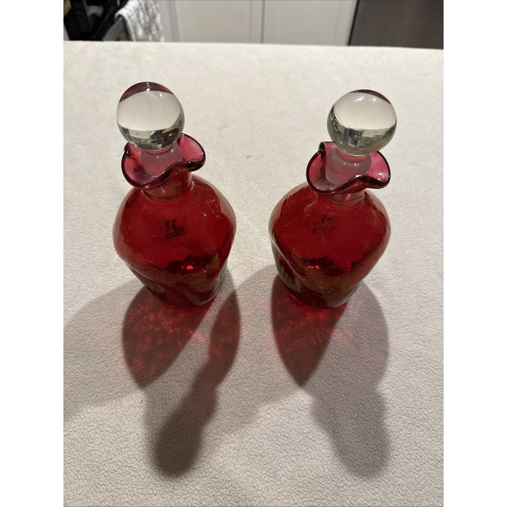 Vintage Blenko Red Rose Color Crackle Glass Pinched Decanter Mid Century